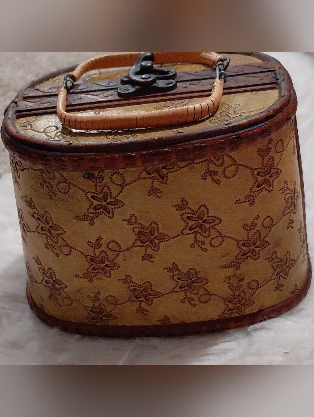 Tan Floral-Embossed Cosmetic Case with Top Handle